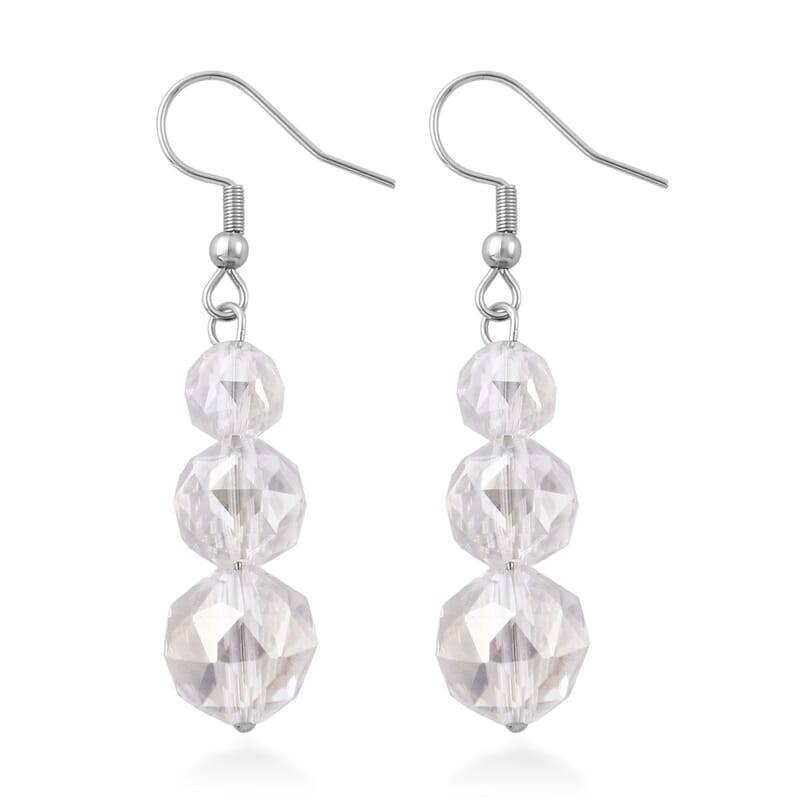 White Mystic Color Glass Beaded Stretch Bracelet and Dangle Earrings in Stainless Steel , Tarnish-Free, Waterproof, Sweat Proof Jewelry