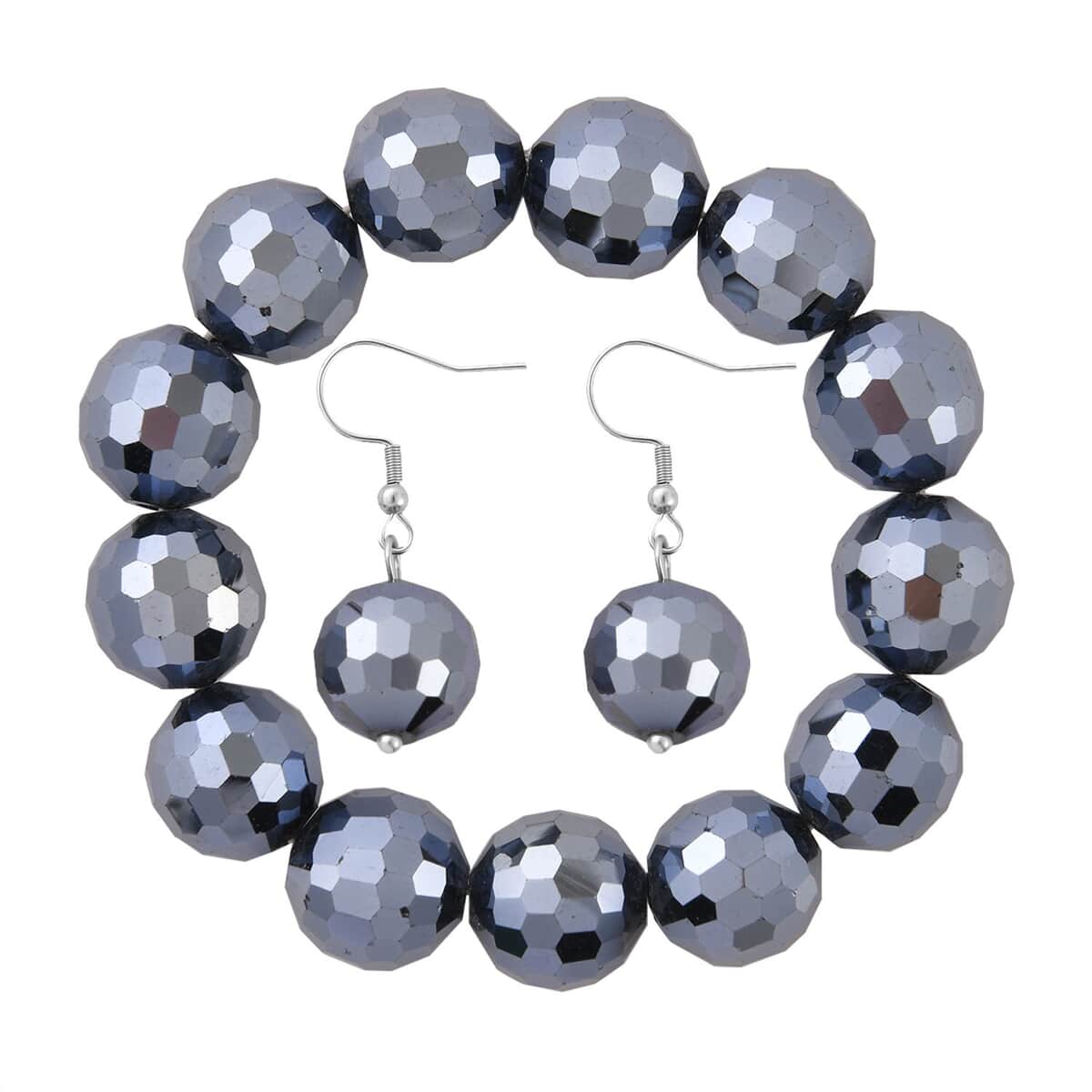 Hematite Color Glass Beaded Stretch Bracelet and Dangle Earrings in Stainless Steel image number 0