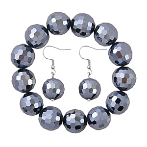 Hematite Color Glass Beaded Stretch Bracelet and Dangle Earrings in Stainless Steel , Tarnish-Free, Waterproof, Sweat Proof Jewelry