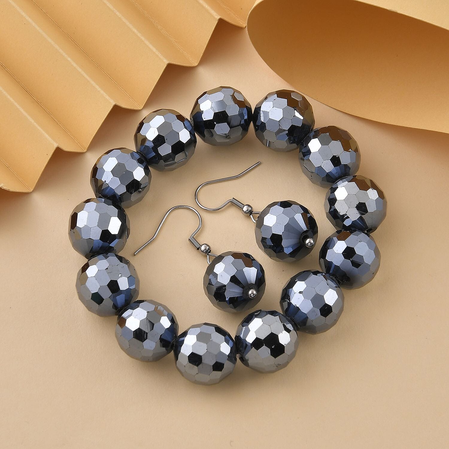 Hematite Color Glass Beaded Stretch Bracelet and Dangle Earrings in Stainless Steel , Tarnish-Free, Waterproof, Sweat Proof Jewelry