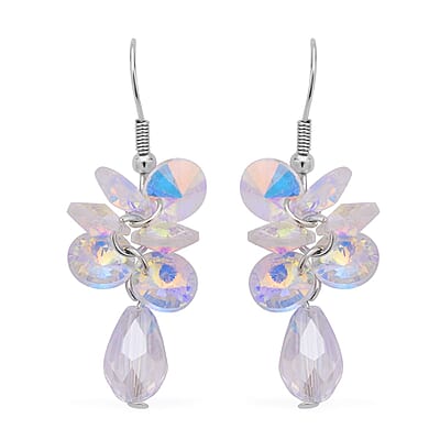White Aurora Borealis Glass Beaded Bracelet (7.50-9.50In) and Drop Earrings in Silvertone & Stainless Steel , Tarnish-Free, Waterproof, Sweat Proof Jewelry