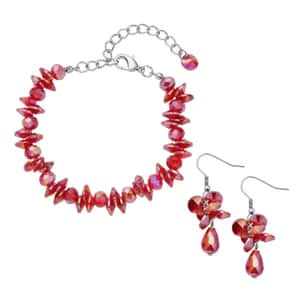 Red Magic Color Glass Beaded Bracelet (7.50-9.50In) and Drop Earrings in Silvertone & Stainless Steel , Tarnish-Free, Waterproof, Sweat Proof Jewelry