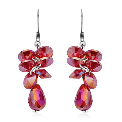 Red Magic Color Glass Beaded Bracelet (7.50-9.50In) and Drop Earrings in Silvertone & Stainless Steel , Tarnish-Free, Waterproof, Sweat Proof Jewelry