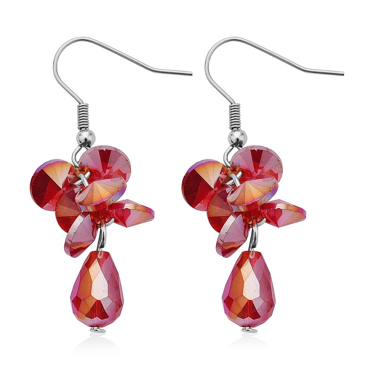 Red Magic Color Glass Beaded Bracelet (7.50-9.50In) and Drop Earrings in Silvertone & Stainless Steel , Tarnish-Free, Waterproof, Sweat Proof Jewelry