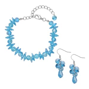 Blue Magic Color Glass Beaded Bracelet (7.50-9.50In) and Drop Earrings in Silvertone & Stainless Steel , Tarnish-Free, Waterproof, Sweat Proof Jewelry