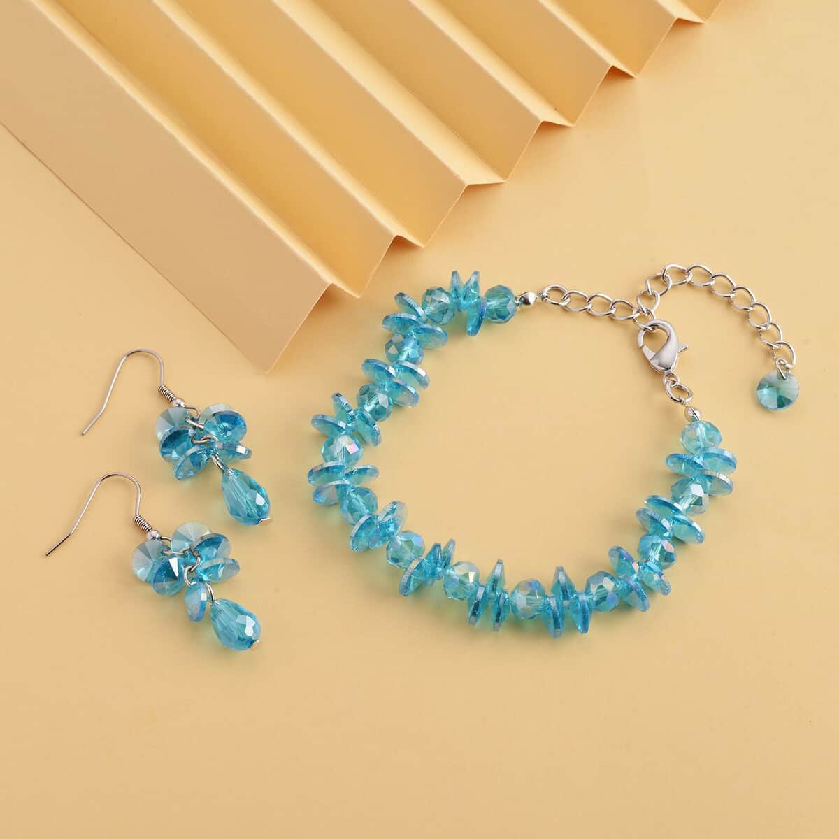 Blue Magic Color Glass Beaded Bracelet (7.50-9.50In) and Drop Earrings in Silvertone & Stainless Steel , Tarnish-Free, Waterproof, Sweat Proof Jewelry image number 1