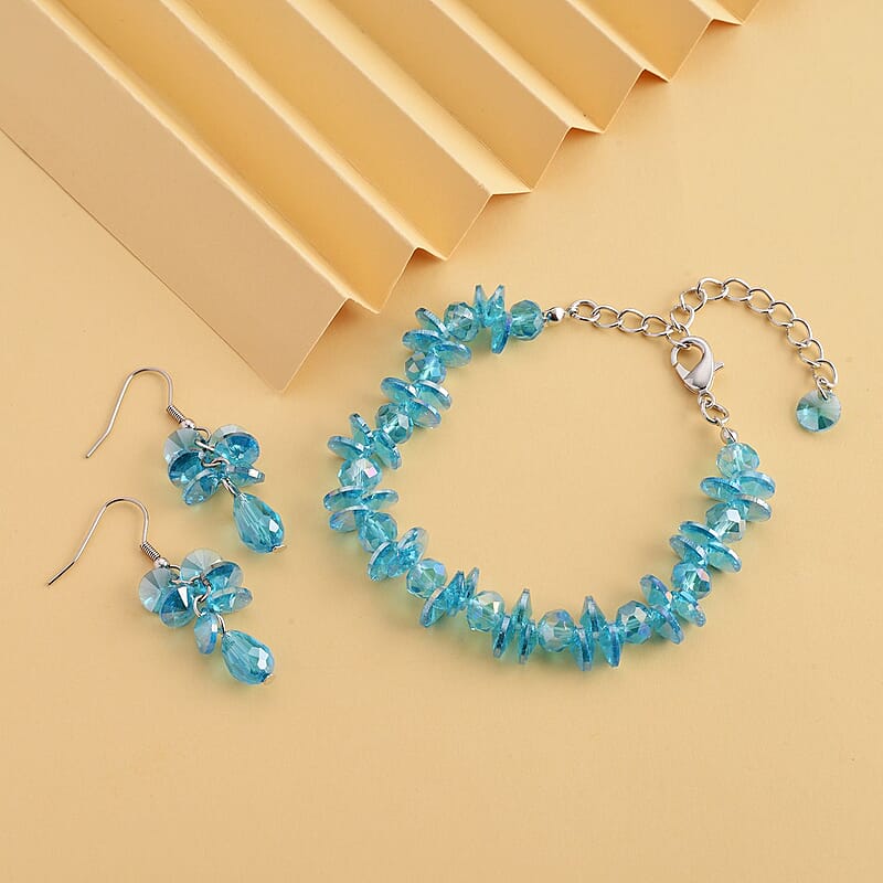 Blue Magic Color Glass Beaded Bracelet (7.50-9.50In) and Drop Earrings in Silvertone & Stainless Steel , Tarnish-Free, Waterproof, Sweat Proof Jewelry