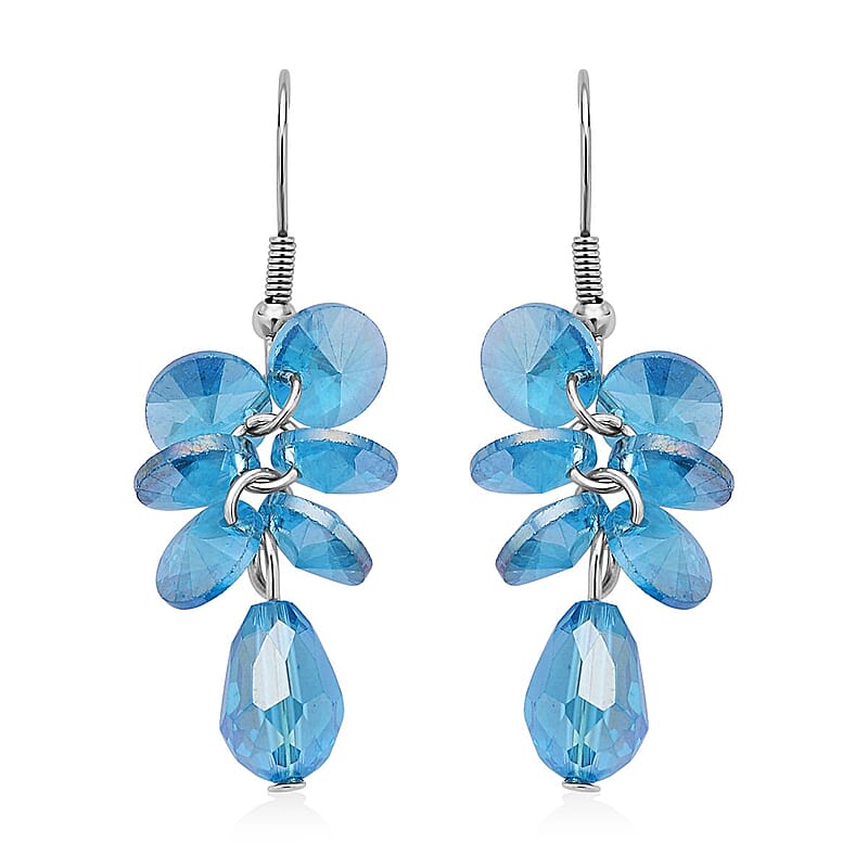 Blue Magic Color Glass Beaded Bracelet (7.50-9.50In) and Drop Earrings in Silvertone & Stainless Steel , Tarnish-Free, Waterproof, Sweat Proof Jewelry