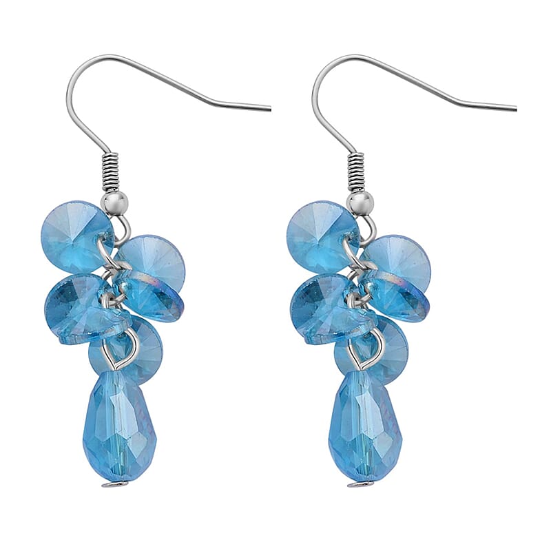 Blue Magic Color Glass Beaded Bracelet (7.50-9.50In) and Drop Earrings in Silvertone & Stainless Steel , Tarnish-Free, Waterproof, Sweat Proof Jewelry