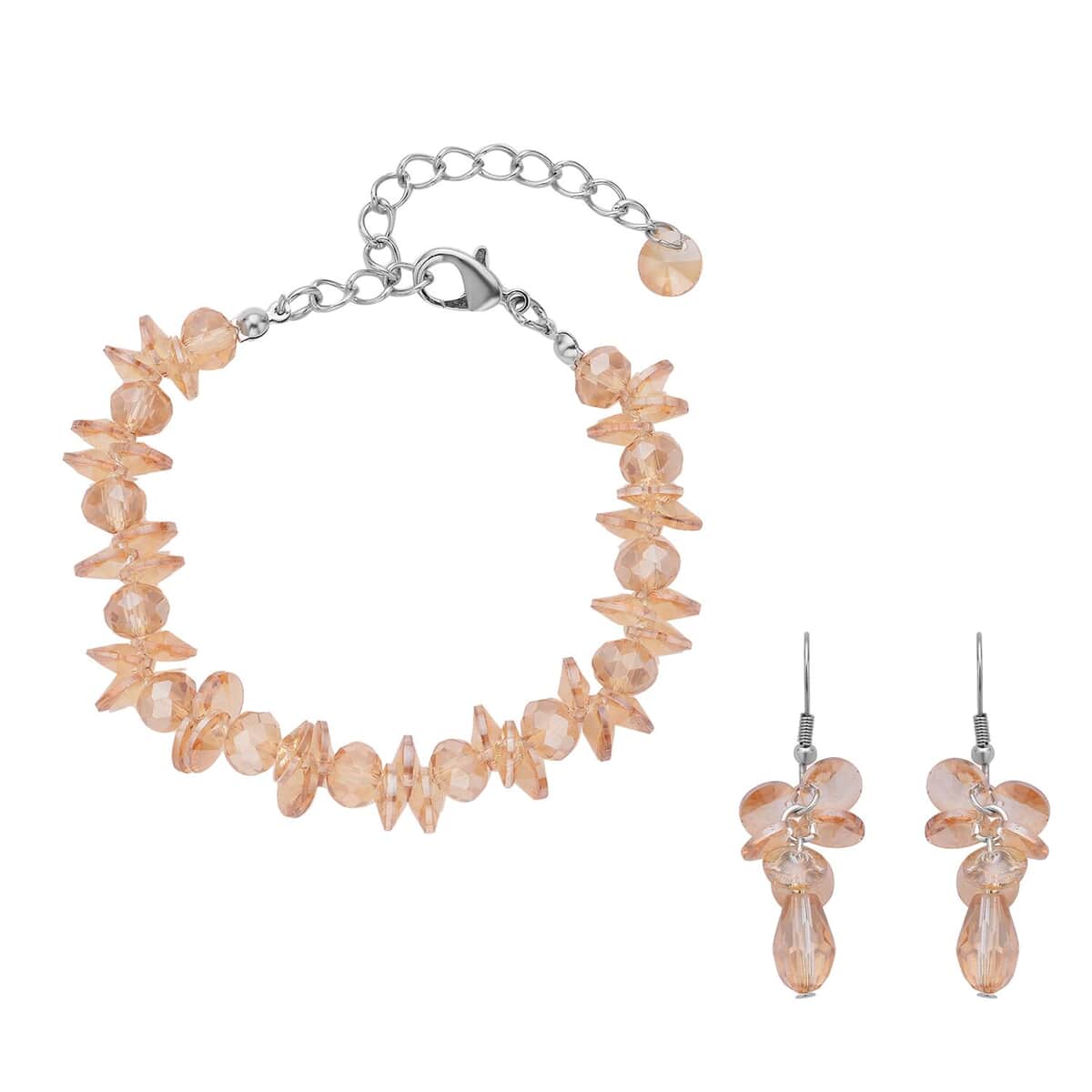 Champagne Glass Beaded Bracelet (7.50-9.50In) and Drop Earrings in Silvertone & Stainless Steel , Tarnish-Free, Waterproof, Sweat Proof Jewelry image number 0