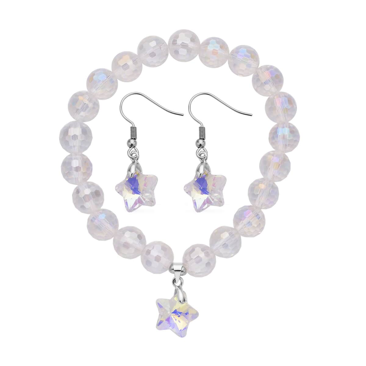 White Aurora Borealis Glass Beaded Star Charm Bracelet (6.50In) and Drop Earrings in Silvertone and Stainless Steel image number 0