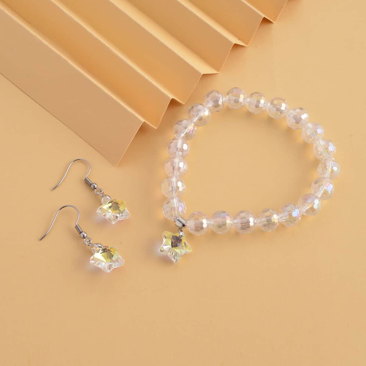 White Aurora Borealis Glass Beaded Star Charm Bracelet (6.50In) and Drop Earrings in Silvertone and Stainless Steel image number 1
