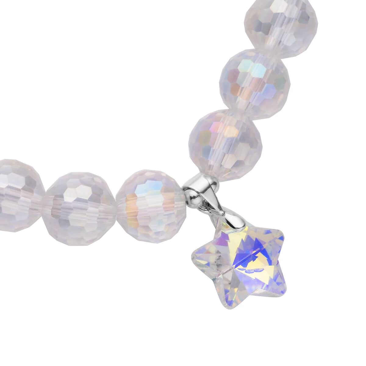 White Aurora Borealis Glass Beaded Star Charm Bracelet (6.50In) and Drop Earrings in Silvertone and Stainless Steel image number 3