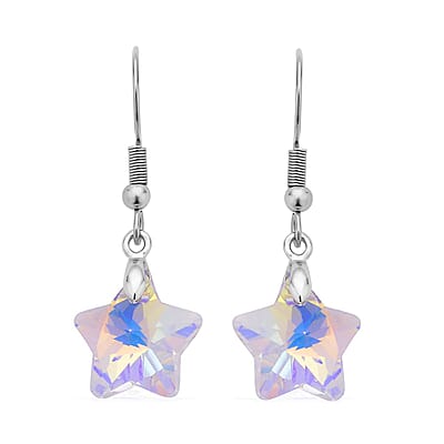 White Aurora Borealis Glass Beaded Star Charm Bracelet (6.50In) and Drop Earrings in Silvertone and Stainless Steel , Tarnish-Free, Waterproof, Sweat Proof Jewelry
