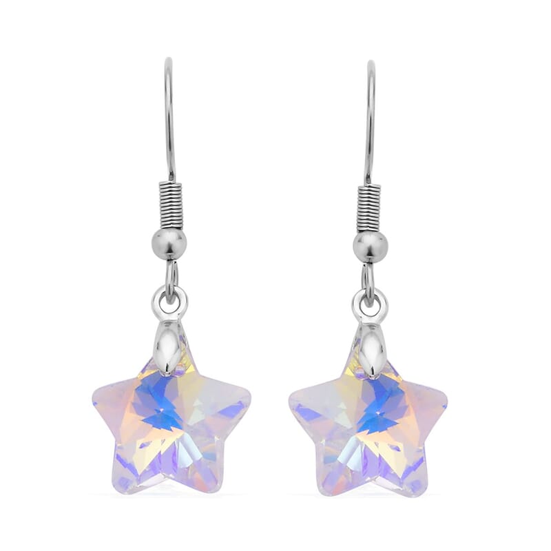 White Aurora Borealis Glass Beaded Star Charm Bracelet (6.50In) and Drop Earrings in Silvertone and Stainless Steel , Tarnish-Free, Waterproof, Sweat Proof Jewelry