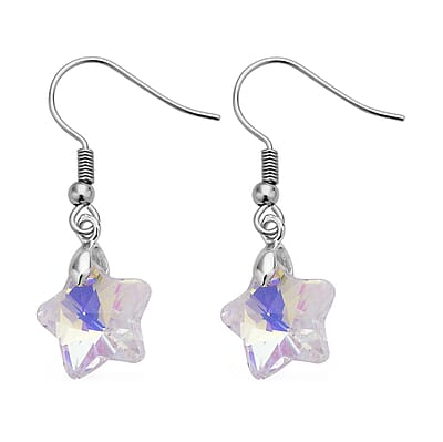 White Aurora Borealis Glass Beaded Star Charm Bracelet (6.50In) and Drop Earrings in Silvertone and Stainless Steel , Tarnish-Free, Waterproof, Sweat Proof Jewelry