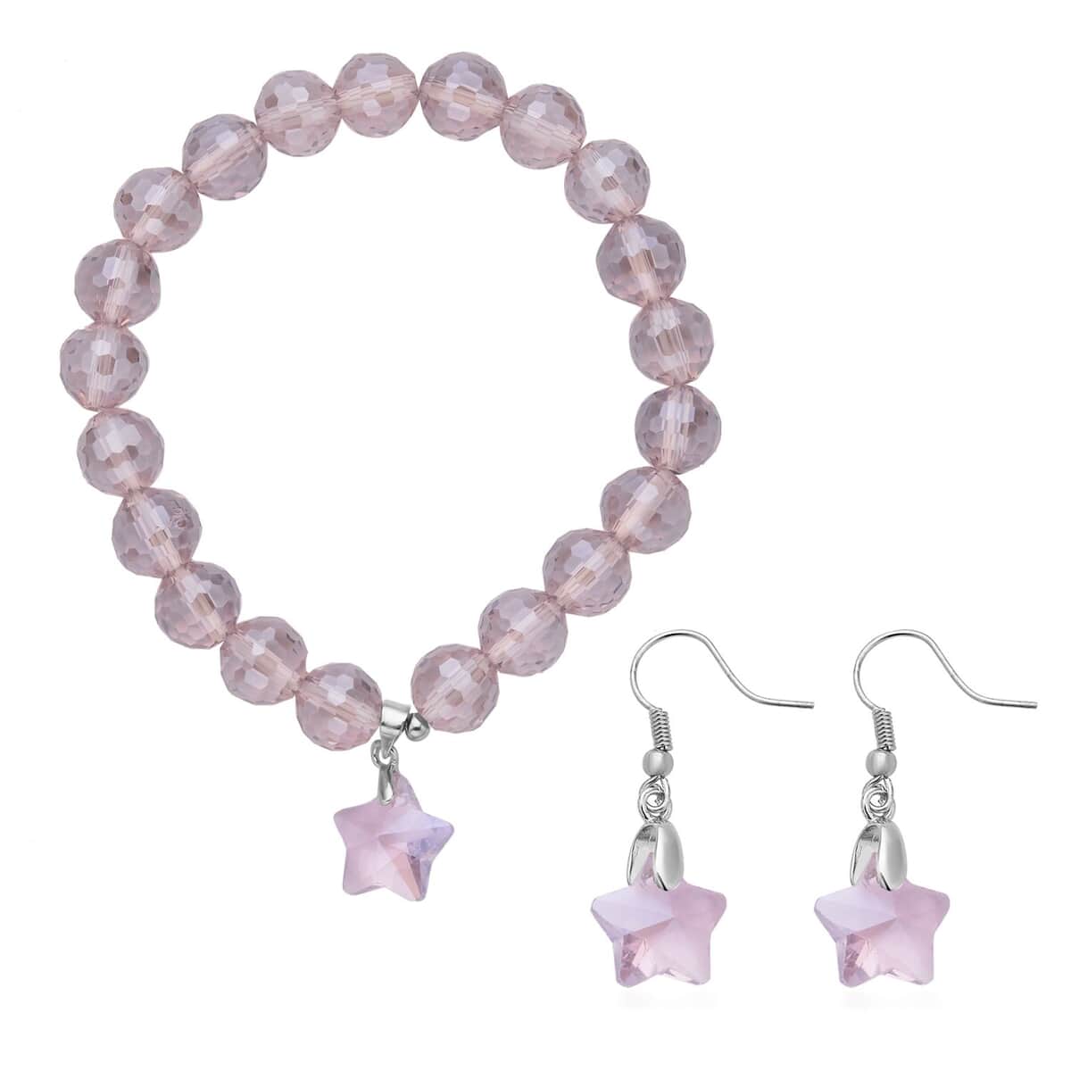 Purple Glass Beaded Star Charm Bracelet (6.50In) and Drop Earrings in Silvertone and Stainless Steel , Tarnish-Free, Waterproof, Sweat Proof Jewelry image number 0