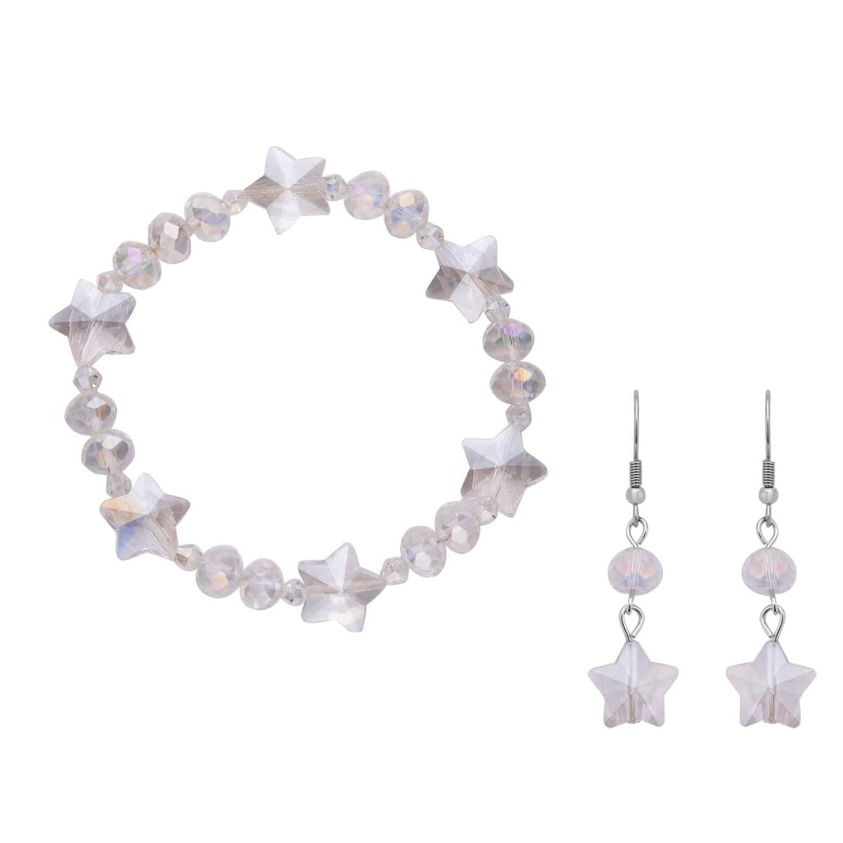 White Aurora Borealis Glass Beaded Bracelet (7.50-9.50Inch) and Drop Earrings in Silvertone & Stainless Steel , Tarnish-Free, Waterproof, Sweat Proof Jewelry image number 0