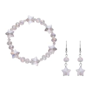 White Aurora Borealis Glass Beaded Bracelet (7.50-9.50Inch) and Drop Earrings in Silvertone & Stainless Steel , Tarnish-Free, Waterproof, Sweat Proof Jewelry