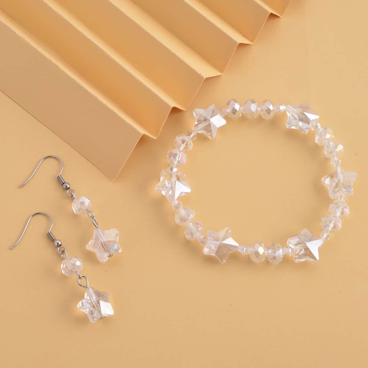 White Aurora Borealis Glass Beaded Bracelet (7.50-9.50Inch) and Drop Earrings in Silvertone & Stainless Steel , Tarnish-Free, Waterproof, Sweat Proof Jewelry image number 1