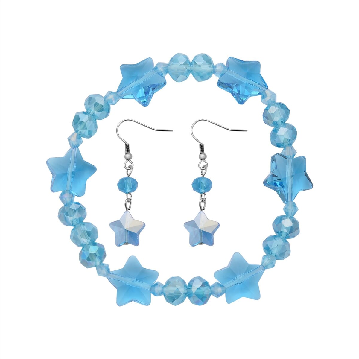 Blue Glass Beaded Bracelet (7.50-9.50Inch) and Drop Earrings in Silvertone & Stainless Steel , Tarnish-Free, Waterproof, Sweat Proof Jewelry image number 0