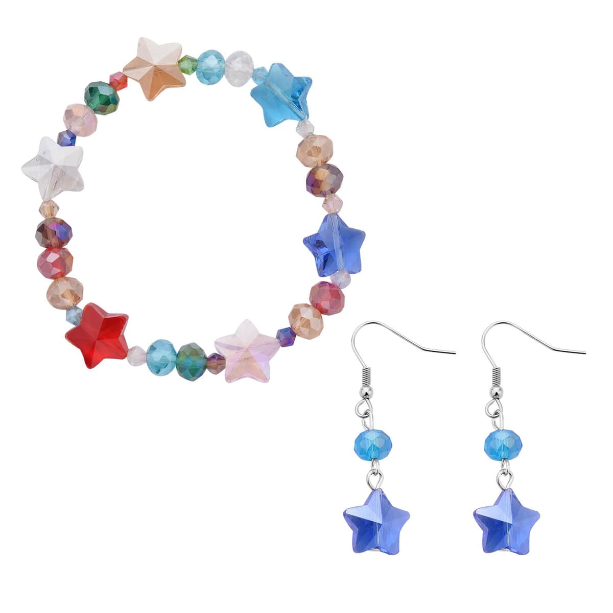 Multi Color Glass Beaded Bracelet (7.50-9.50Inch) and Drop Earrings in Silvertone & Stainless Steel , Tarnish-Free, Waterproof, Sweat Proof Jewelry image number 0