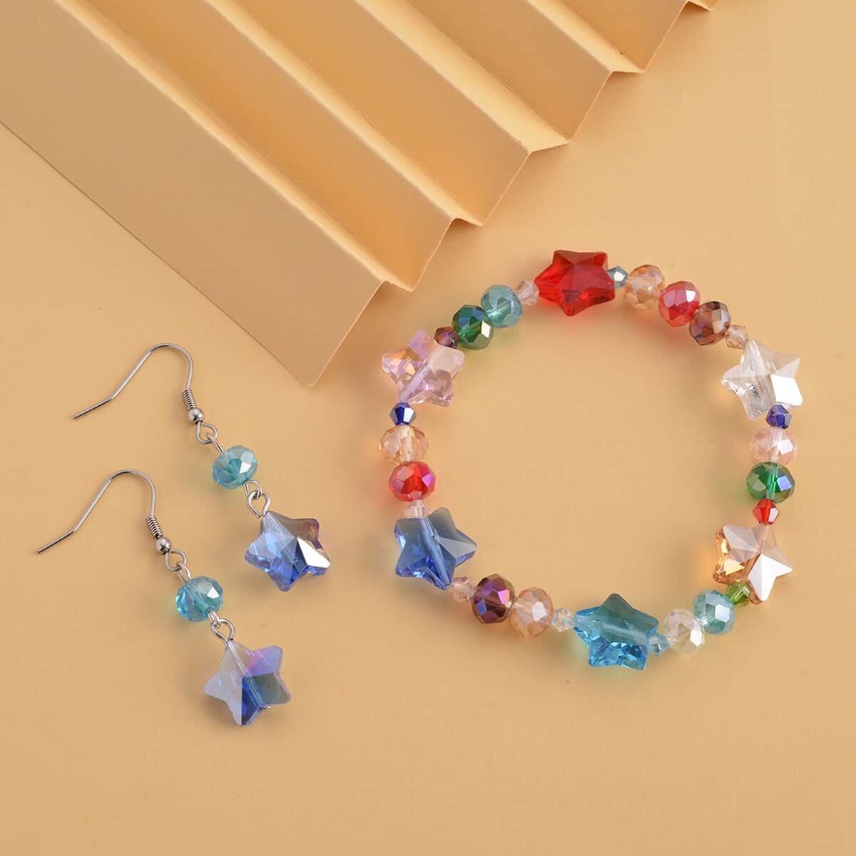 Multi Color Glass Beaded Bracelet (7.50-9.50Inch) and Drop Earrings in Silvertone & Stainless Steel , Tarnish-Free, Waterproof, Sweat Proof Jewelry image number 1