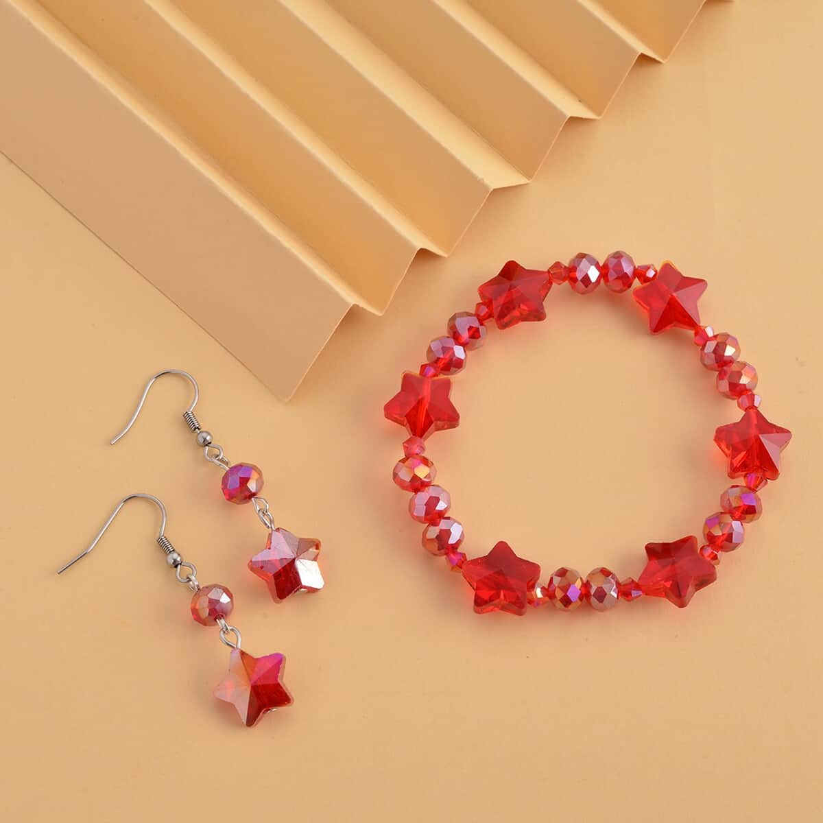 Red Magic Color Glass Beaded Bracelet (7.50-9.50Inch) and Drop Earrings in Silvertone & Stainless Steel , Tarnish-Free, Waterproof, Sweat Proof Jewelry image number 1