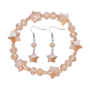 Champagne Glass Beaded Bracelet (7.50-9.50Inch) and Drop Earrings in Silvertone & Stainless Steel , Tarnish-Free, Waterproof, Sweat Proof Jewelry