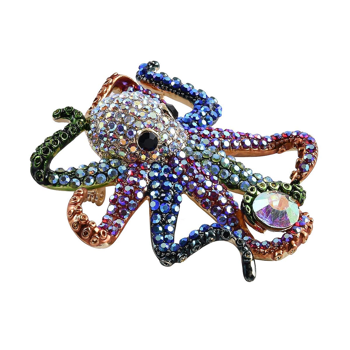 Multi Color Austrian Crystal, Enameled Octopus Brooch or Pendant Necklace 24 Inches in Goldtone image number 2