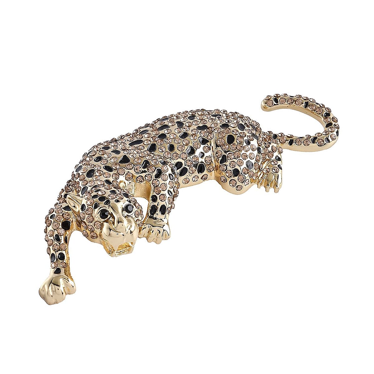 Champagne and Black Austrian Crystal, Enameled Leopard Brooch or Pendant Necklace 24 Inches in Goldtone image number 2