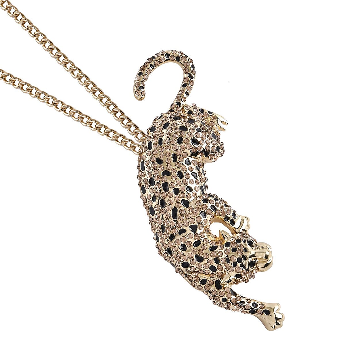 Champagne and Black Austrian Crystal, Enameled Leopard Brooch or Pendant Necklace 24 Inches in Goldtone image number 3
