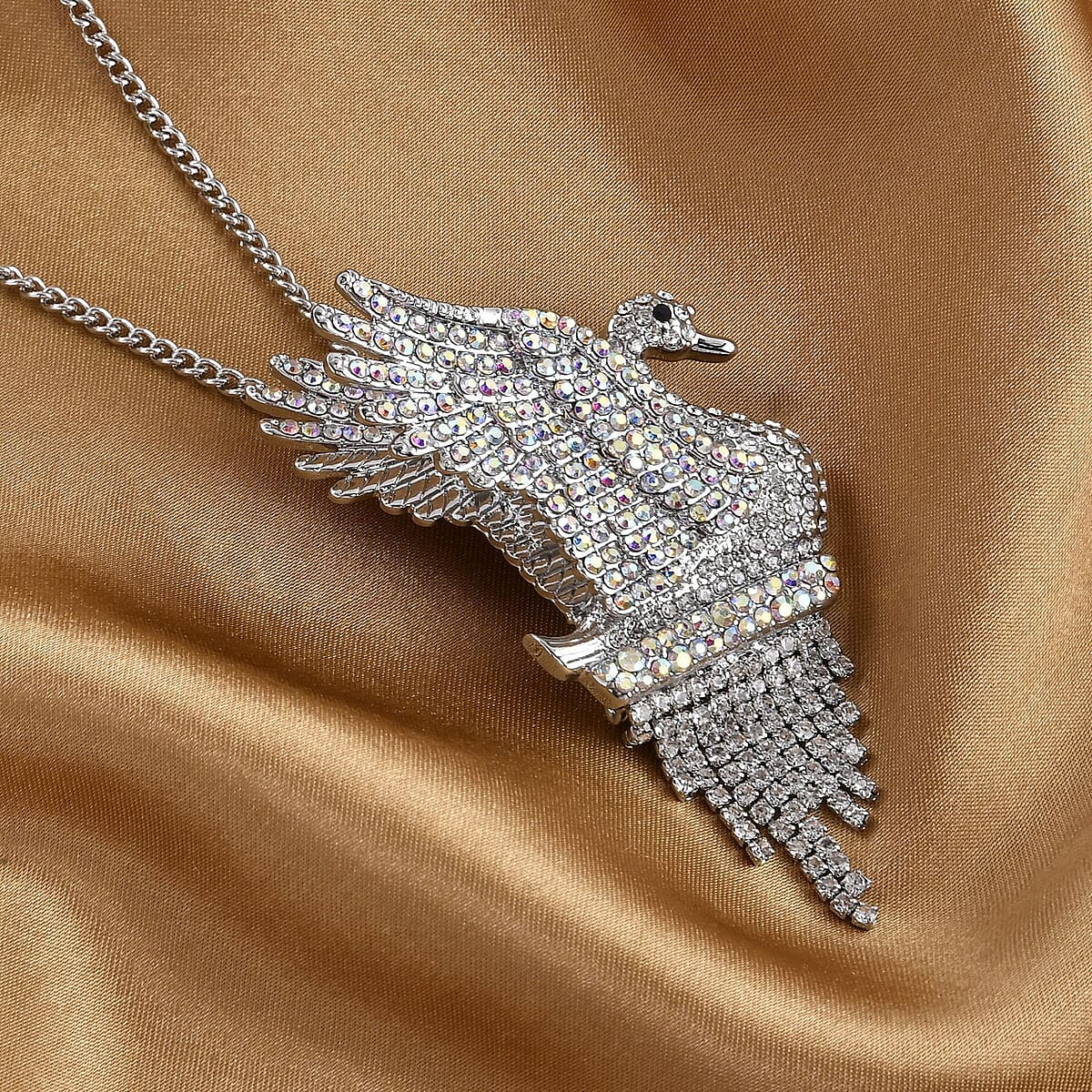 Black and White Mystic Austrian Crystal Swan Brooch or Pendant Necklace 24 Inches in Silvertone image number 1