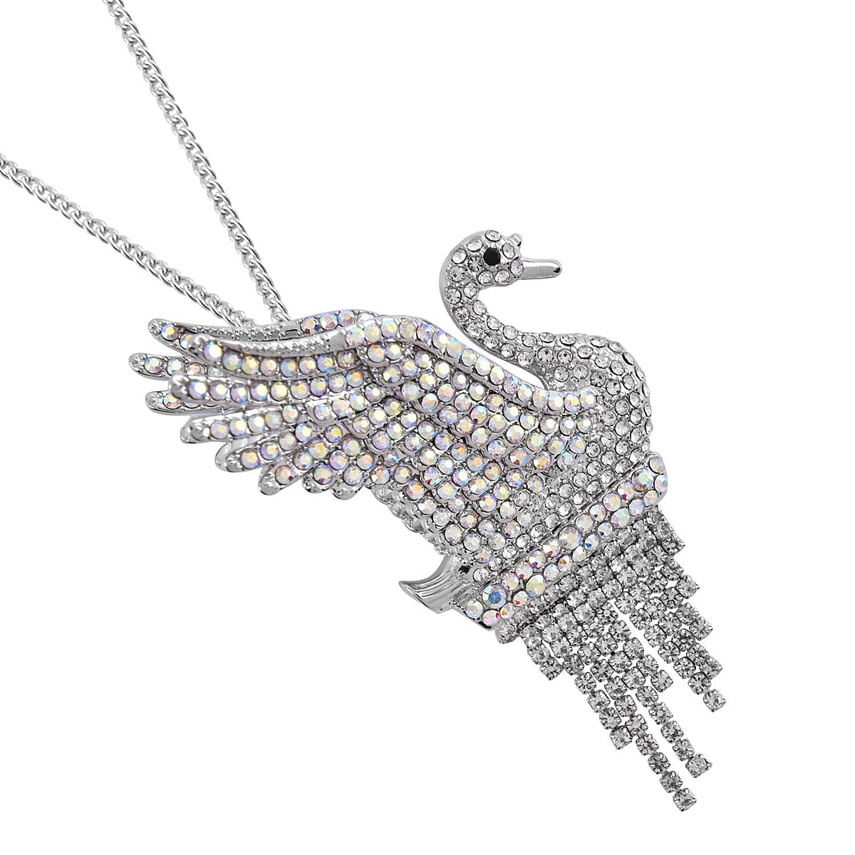 Black and White Mystic Austrian Crystal Swan Brooch or Pendant Necklace 24 Inches in Silvertone image number 3