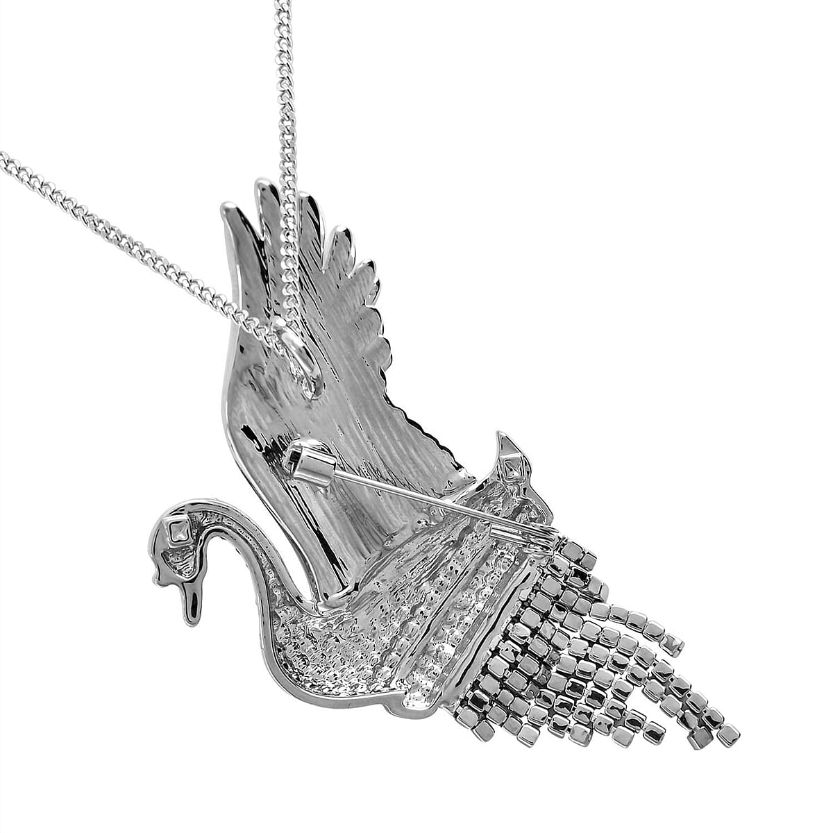 Black and White Mystic Austrian Crystal Swan Brooch or Pendant Necklace 24 Inches in Silvertone image number 5
