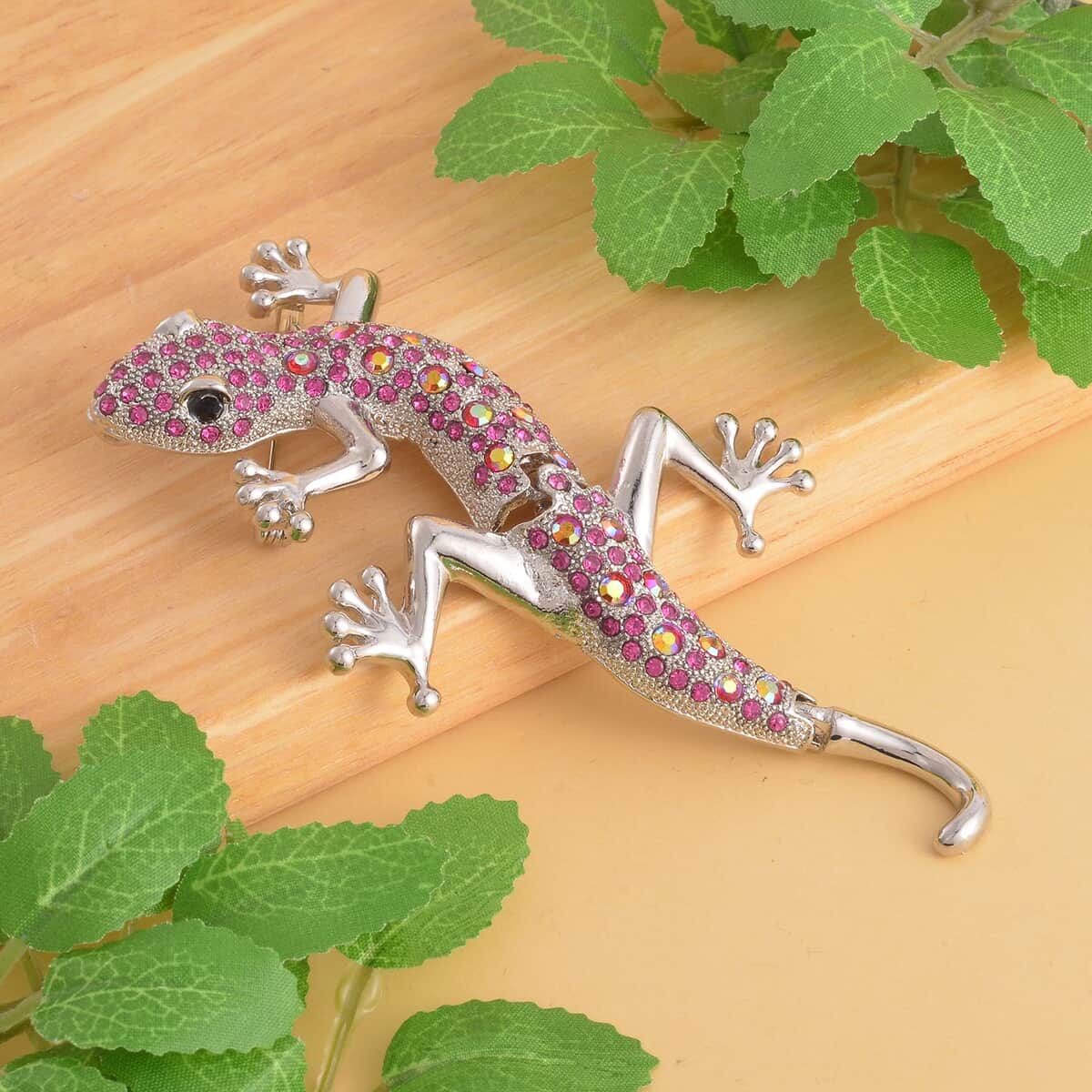 Multi Color Austrian Crystal Lizard Brooch or Pendant Necklace (24 Inches) in Silvertone & Stainless Steel , Tarnish-Free, Waterproof, Sweat Proof Jewelry image number 1