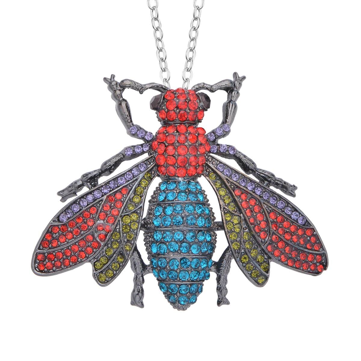Multi Color Austrian Crystal Housefly Brooch or Pendant Necklace 24 Inches in Black Silvertone image number 0