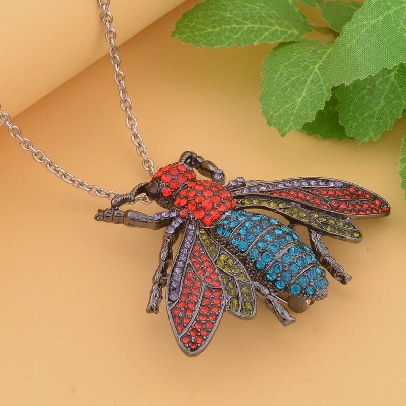Multi Color Austrian Crystal Housefly Brooch or Pendant Necklace 24 Inches in Black Silvertone