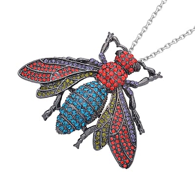 Multi Color Austrian Crystal Housefly Brooch or Pendant Necklace 24 Inches in Black Silvertone
