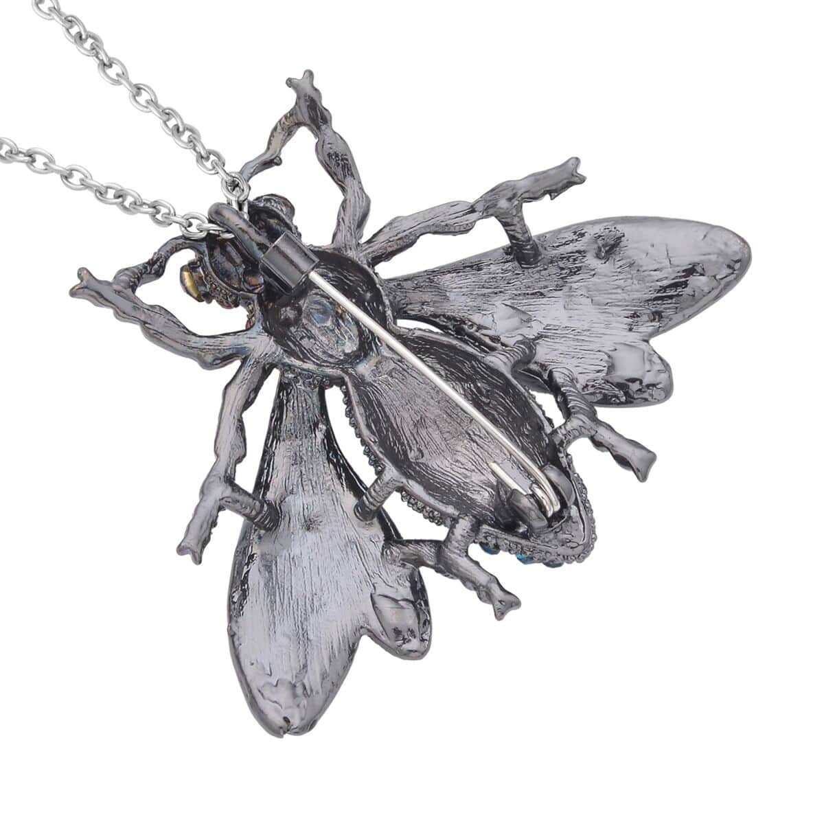 Multi Color Austrian Crystal Housefly Brooch or Pendant Necklace 24 Inches in Black Silvertone image number 3