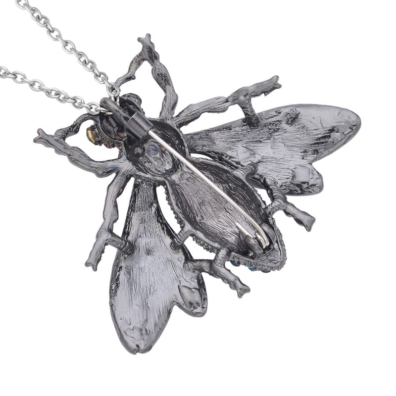 Multi Color Austrian Crystal Housefly Brooch or Pendant Necklace 24 Inches in Black Silvertone