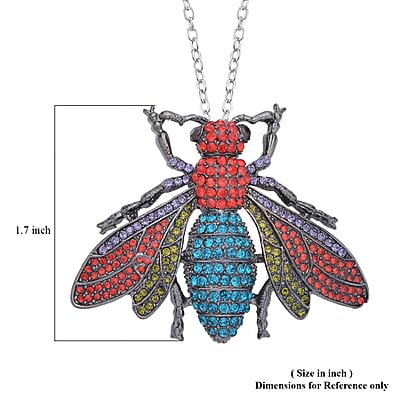 Multi Color Austrian Crystal Housefly Brooch or Pendant Necklace 24 Inches in Black Silvertone