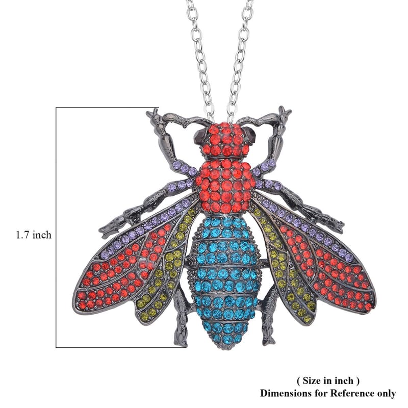 Multi Color Austrian Crystal Housefly Brooch or Pendant Necklace 24 Inches in Black Silvertone