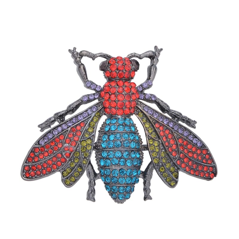 Multi Color Austrian Crystal Housefly Brooch or Pendant Necklace 24 Inches in Black Silvertone