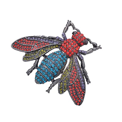 Multi Color Austrian Crystal Housefly Brooch or Pendant Necklace 24 Inches in Black Silvertone