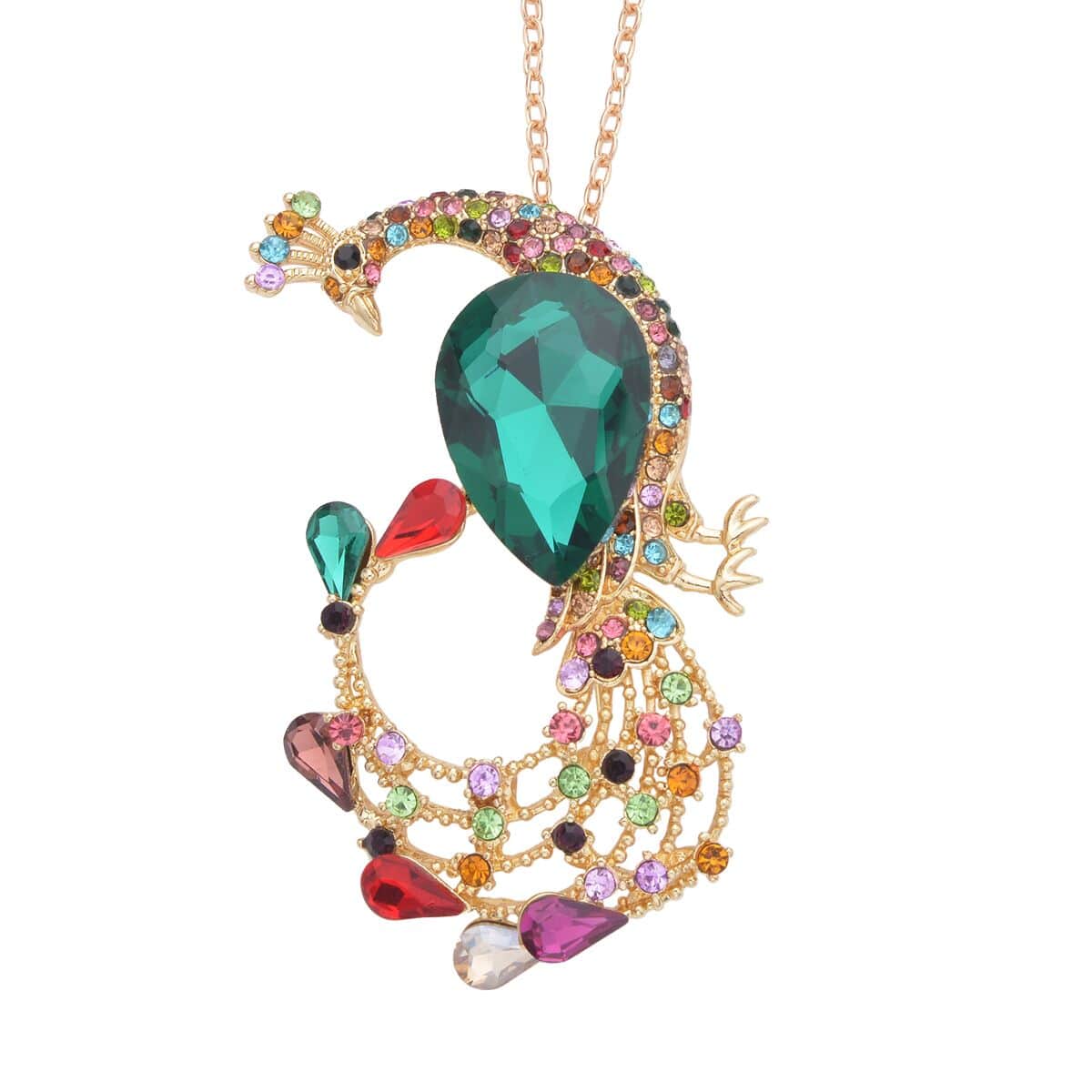 Multi Color Glass and Multi Color Austrian Crystal Peacock Pendant Necklace 24 Inches in Goldtone image number 0