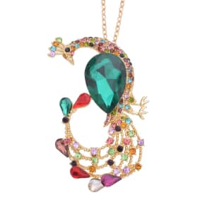 Multi Color Glass and Multi Color Austrian Crystal Peacock Pendant Necklace 24 Inches in Goldtone