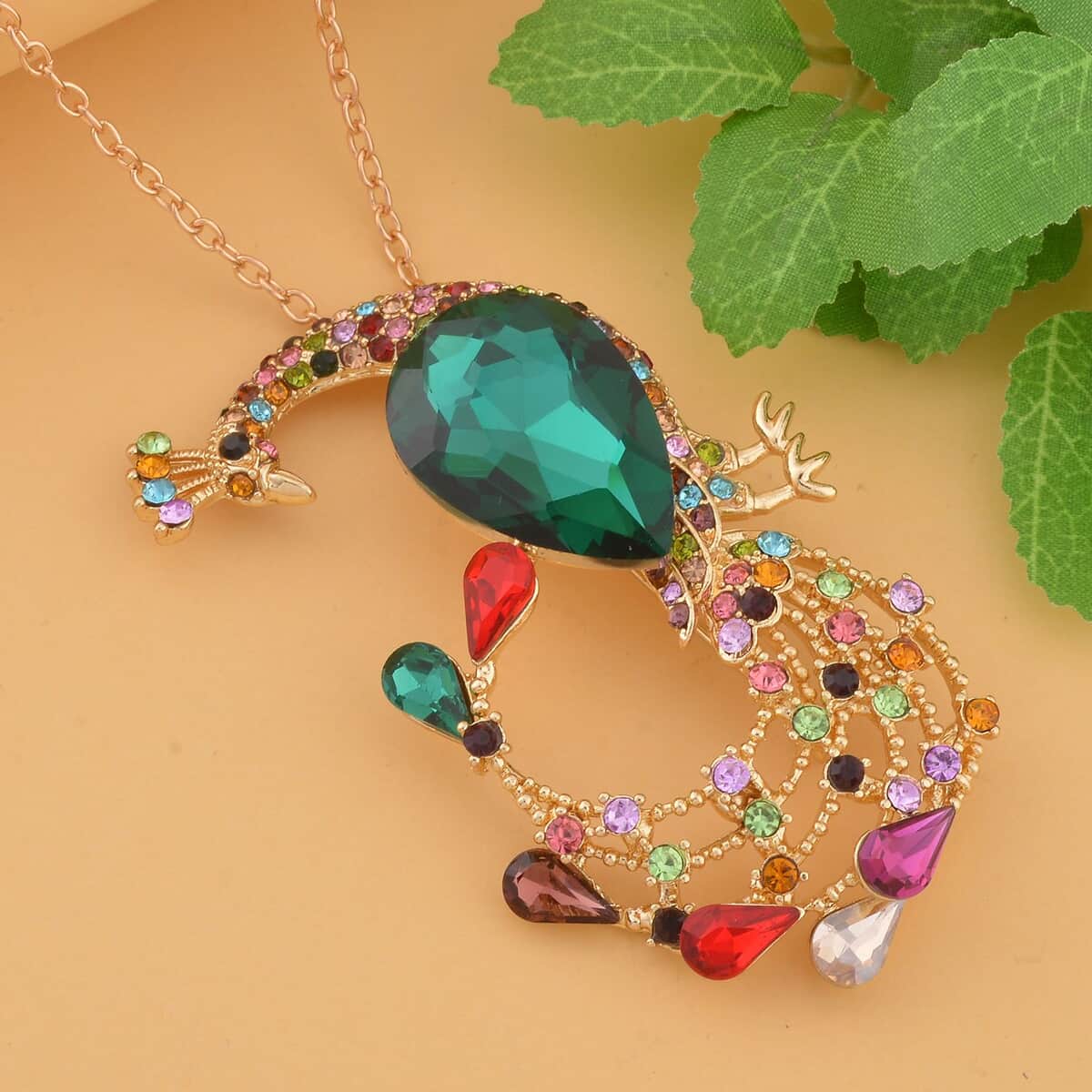 Multi Color Glass and Multi Color Austrian Crystal Peacock Pendant Necklace 24 Inches in Goldtone image number 1