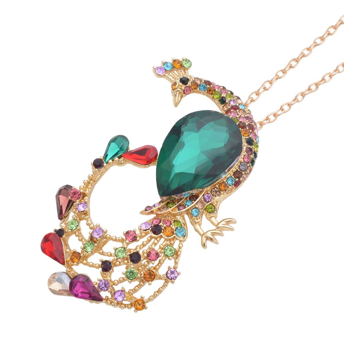 Multi Color Glass and Multi Color Austrian Crystal Peacock Pendant Necklace 24 Inches in Goldtone image number 2