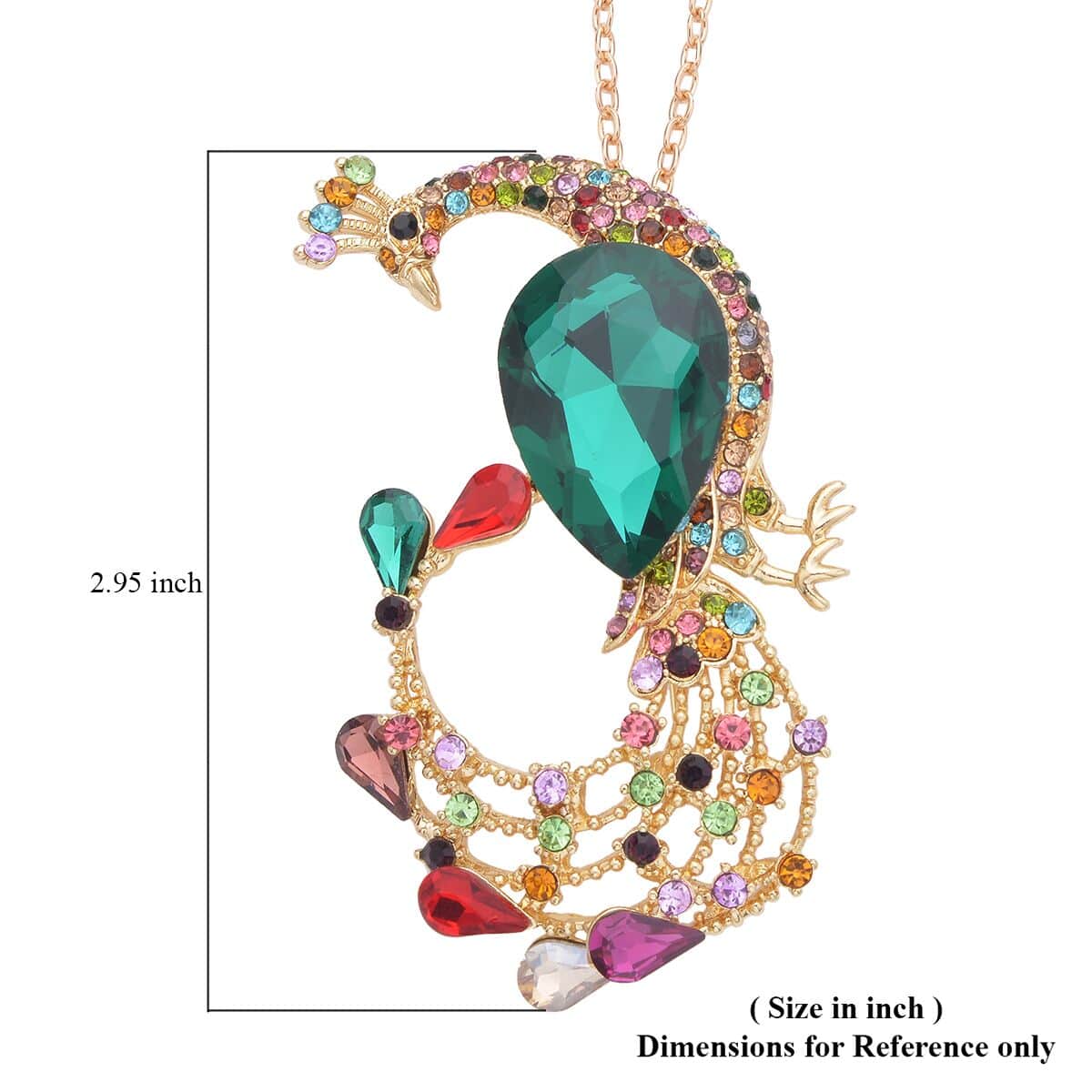 Multi Color Glass and Multi Color Austrian Crystal Peacock Pendant Necklace 24 Inches in Goldtone image number 4